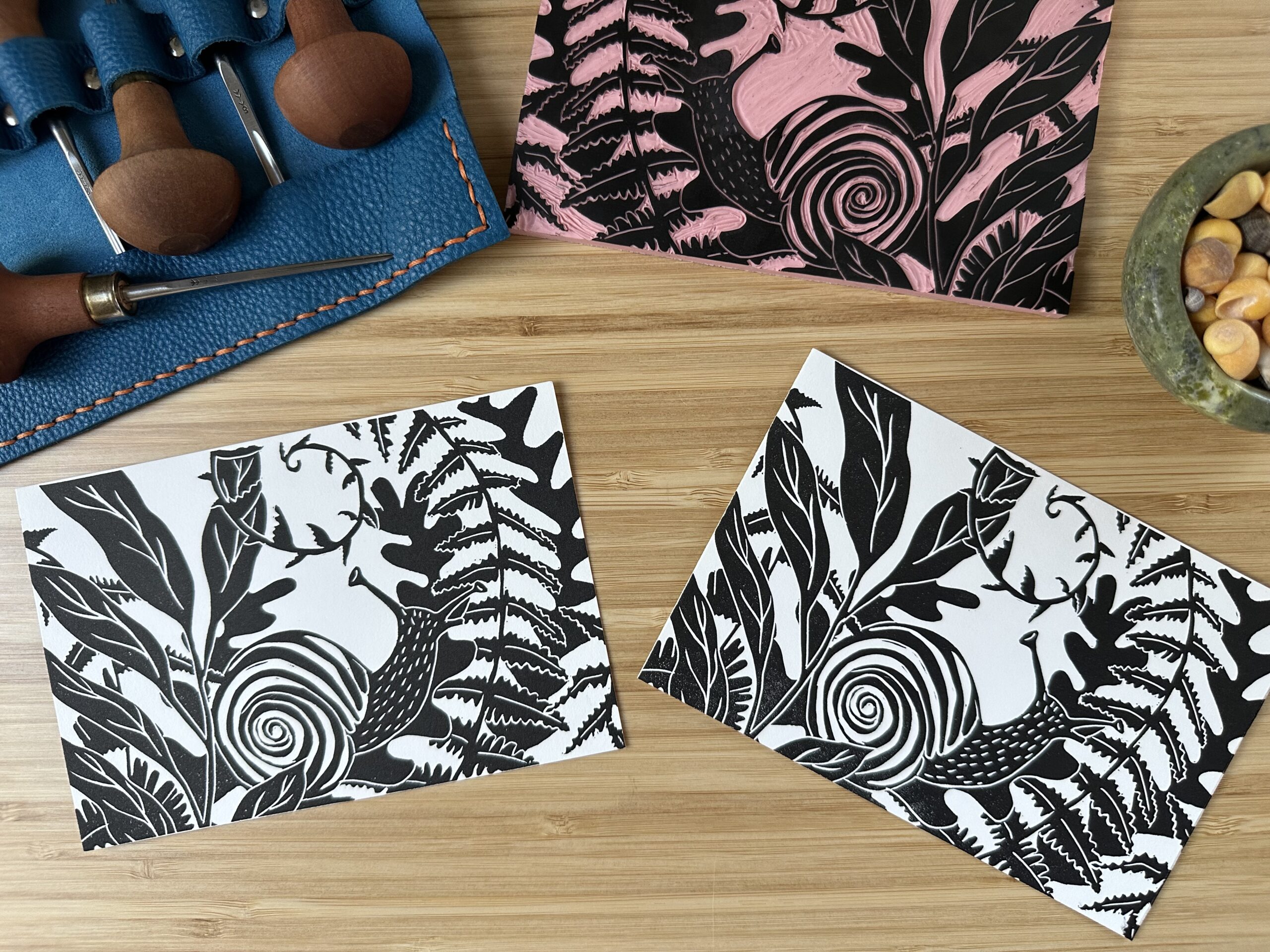 original block print with snail in ferns