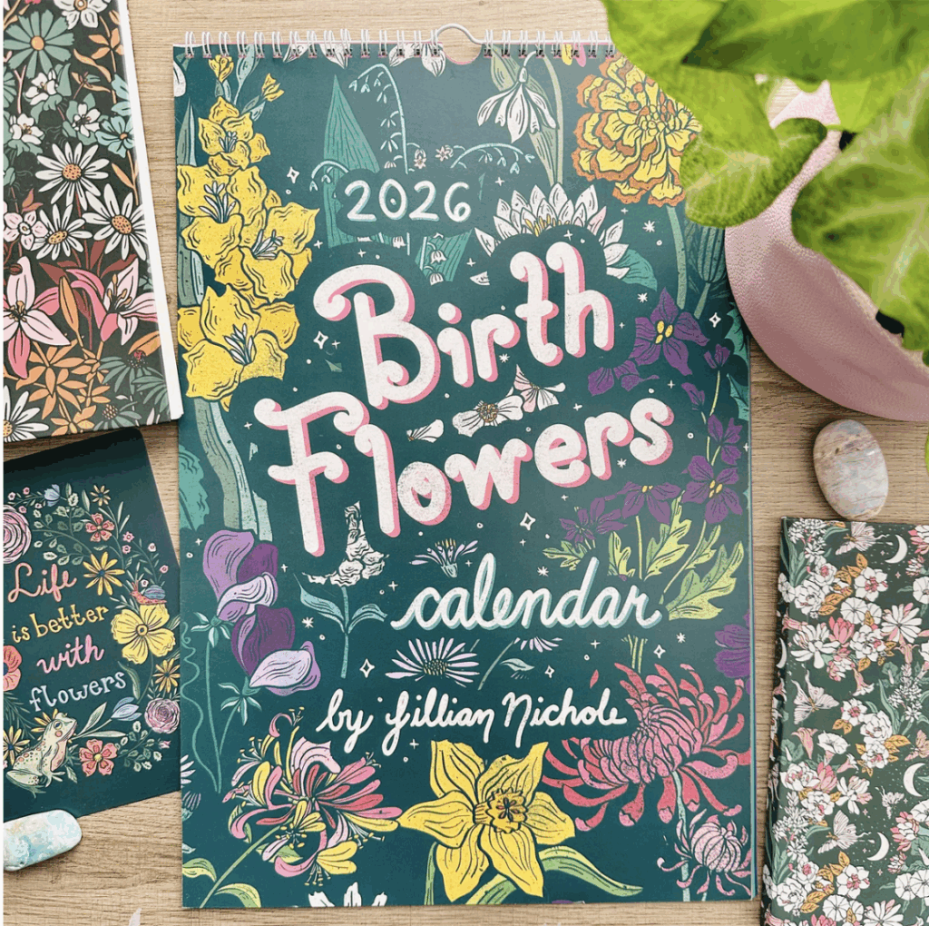 Birth Flower Illustrated Calendar by Jillian Nicole of Paper Whim — 2026 wall calendar featuring unique artwork.
