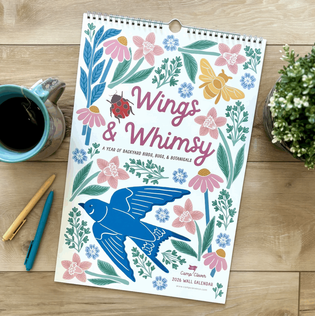 Wings and Whimsey by Lauren of Camp Clever Design — 2026 wall calendar featuring unique artwork.